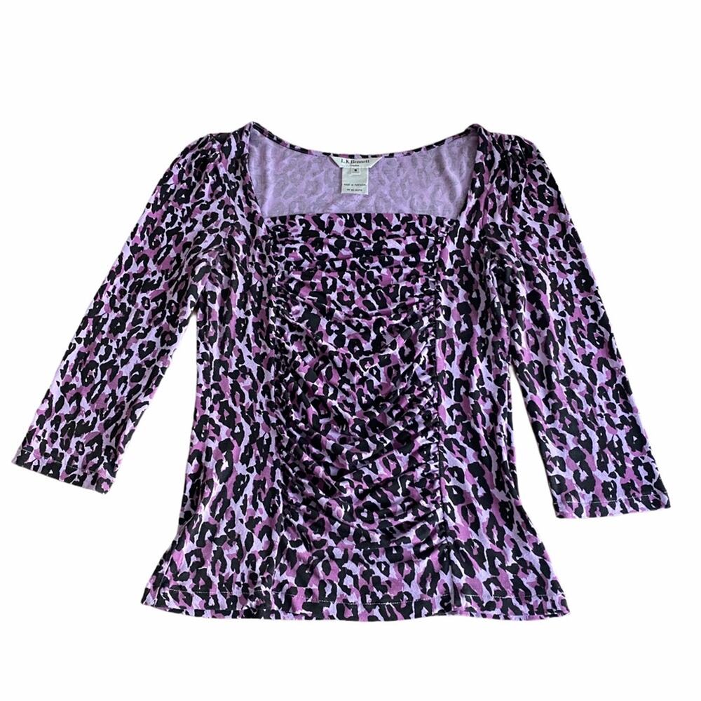 LK BENNETT Purple Black Leopard Print Top 3/4 Sleeves Women’s Size Small